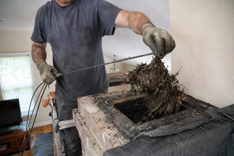 Person lifting a clump of twigs and debris from a rectangular masonry opening indoors