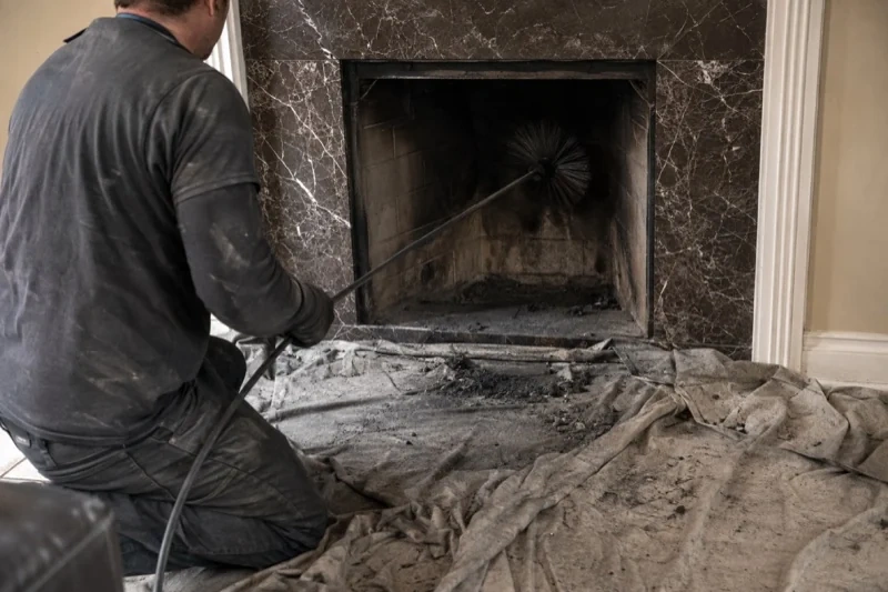 Person guiding a round brush on a long rod into a fireplace, with dark debris on a drop cloth across the hearth.