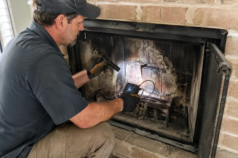 Person holding a flashlight and handheld monitor beside a cracked brick fireplace interior